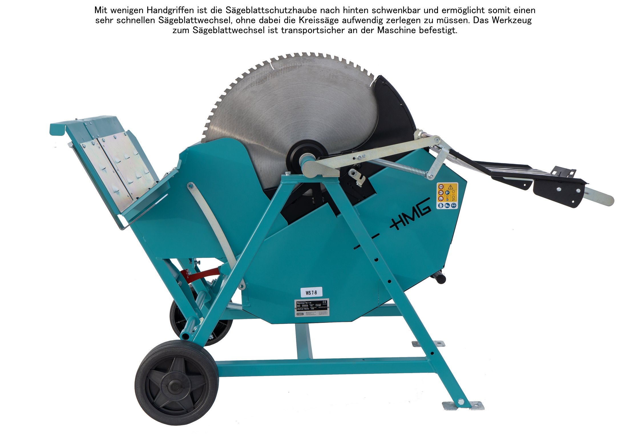 HMG_Kreissaegen_Highlights_Saegeblattwechsel-mit-Text HMG Wipp-Tischkreissäge Serie WTSK 7AZ10 schneller Sägeblattwechsel.