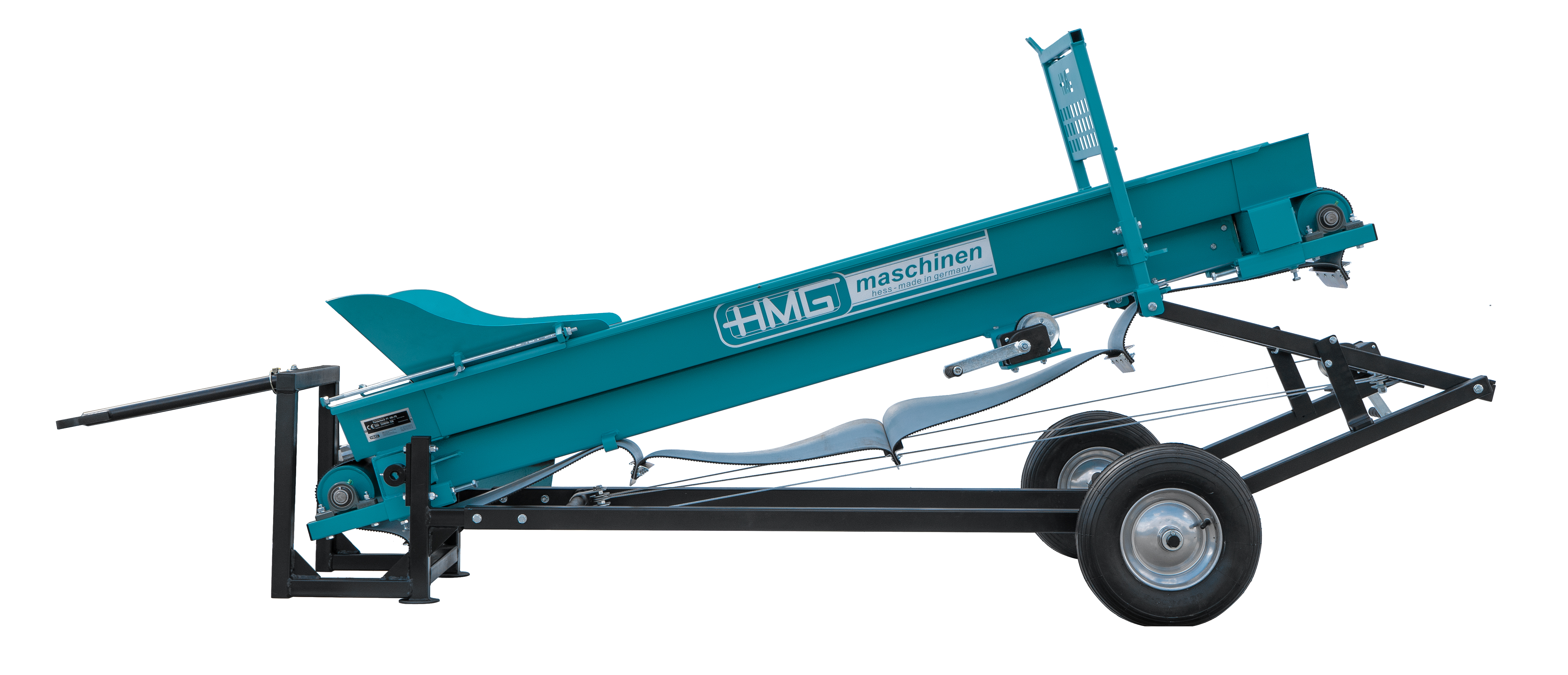 HMG Förderband. Mit wartungsfreundlichen Handseilwinden wird das Förderband aus seiner kompakten Transportstellung in Arbeitsstellung ausgefahren und in gewünschte Auswurfhöhe eingestellt.
